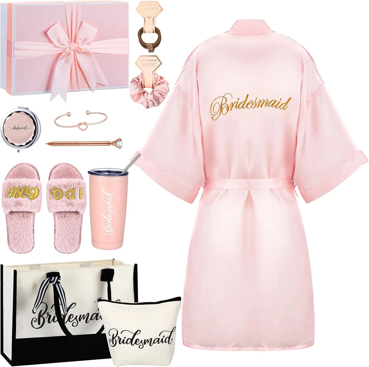 Berlune 14 Pcs Bride Gifts Box Sets Include Short Satin Robes Canvas Tote Bag Stainless Steel Glasses Slippers Wedding Gifts