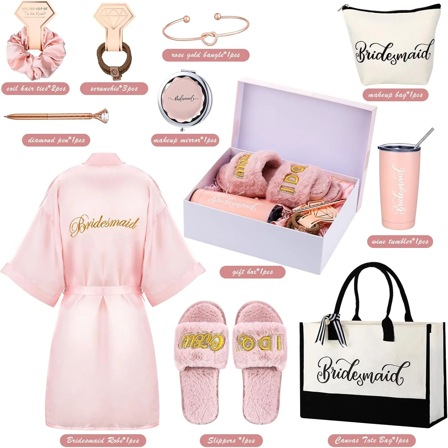 Berlune 14 Pcs Bride Gifts Box Sets Include Short Satin Robes Canvas Tote Bag Stainless Steel Glasses Slippers Wedding Gifts