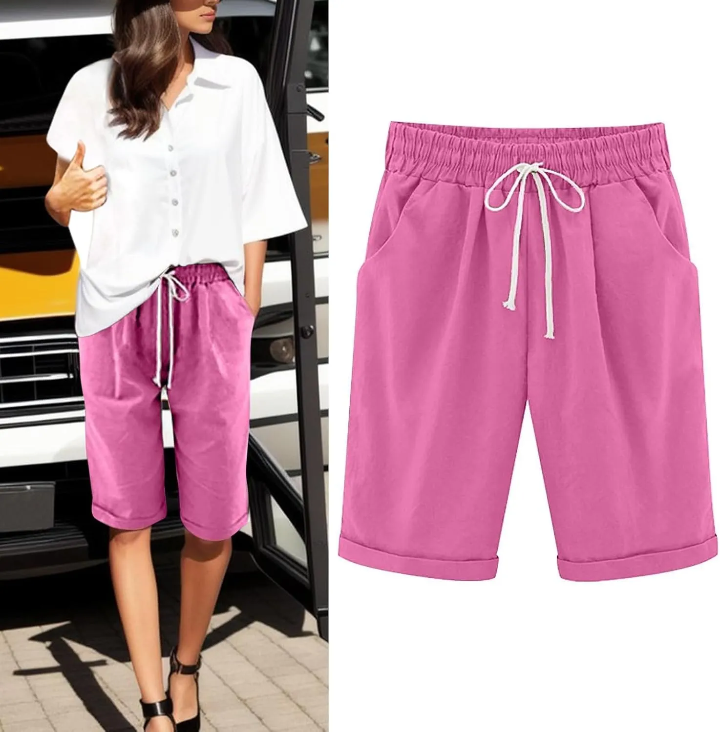 Bermuda Shorts for Women Knee Length Plus Size High Waisted Shorts Baggy Drawstring Pockets Casual Summer Shorts