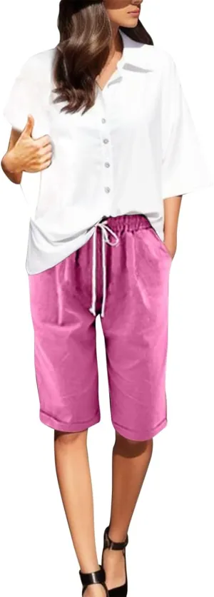 Bermuda Shorts for Women Knee Length Plus Size High Waisted Shorts Baggy Drawstring Pockets Casual Summer Shorts