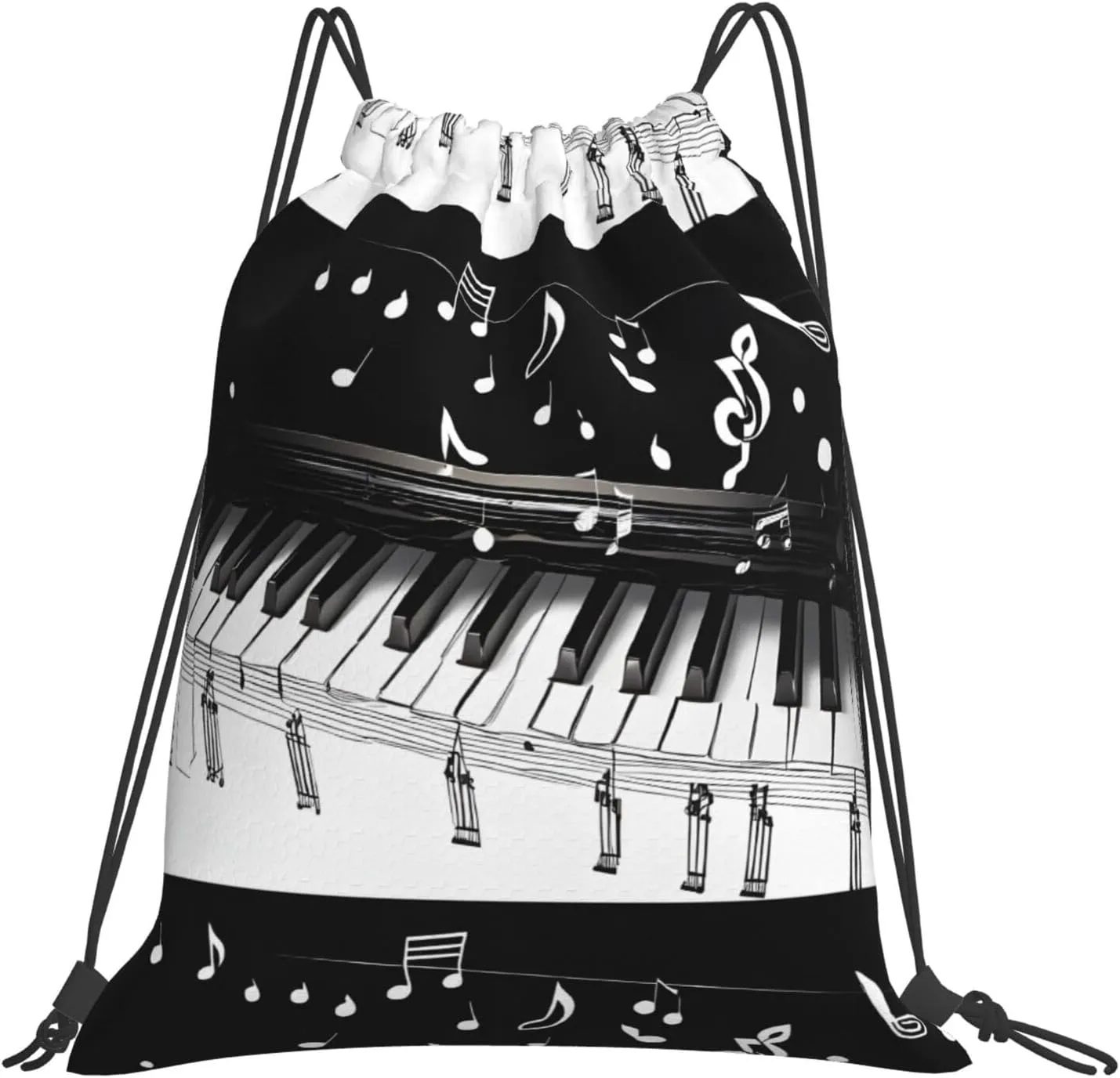 (Black White Music Note) Drawstring Backpack Drawstring Gym Bag Foldable Water Drawstring Bags Draw String Back Bag For Shopping Sport Yoga Travel, Swimming, Beach