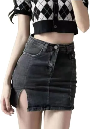 Bloomy Jean Skorts, Woman Fashion High Waisted Casual Stretchy Denim Skirt Side Split Mini Skirts with Pocket