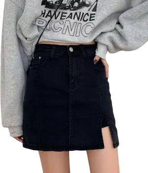 Bloomy Jean Skorts, Woman Fashion High Waisted Casual Stretchy Denim Skirt Side Split Mini Skirts with Pocket
