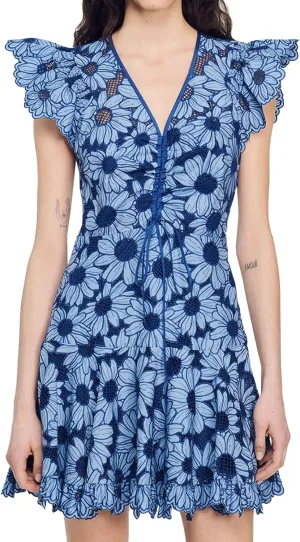 Blue Floral Dress Mini Ruffle Dress Flowy V Neck Dress Flutter Sleeve Wrap Dress