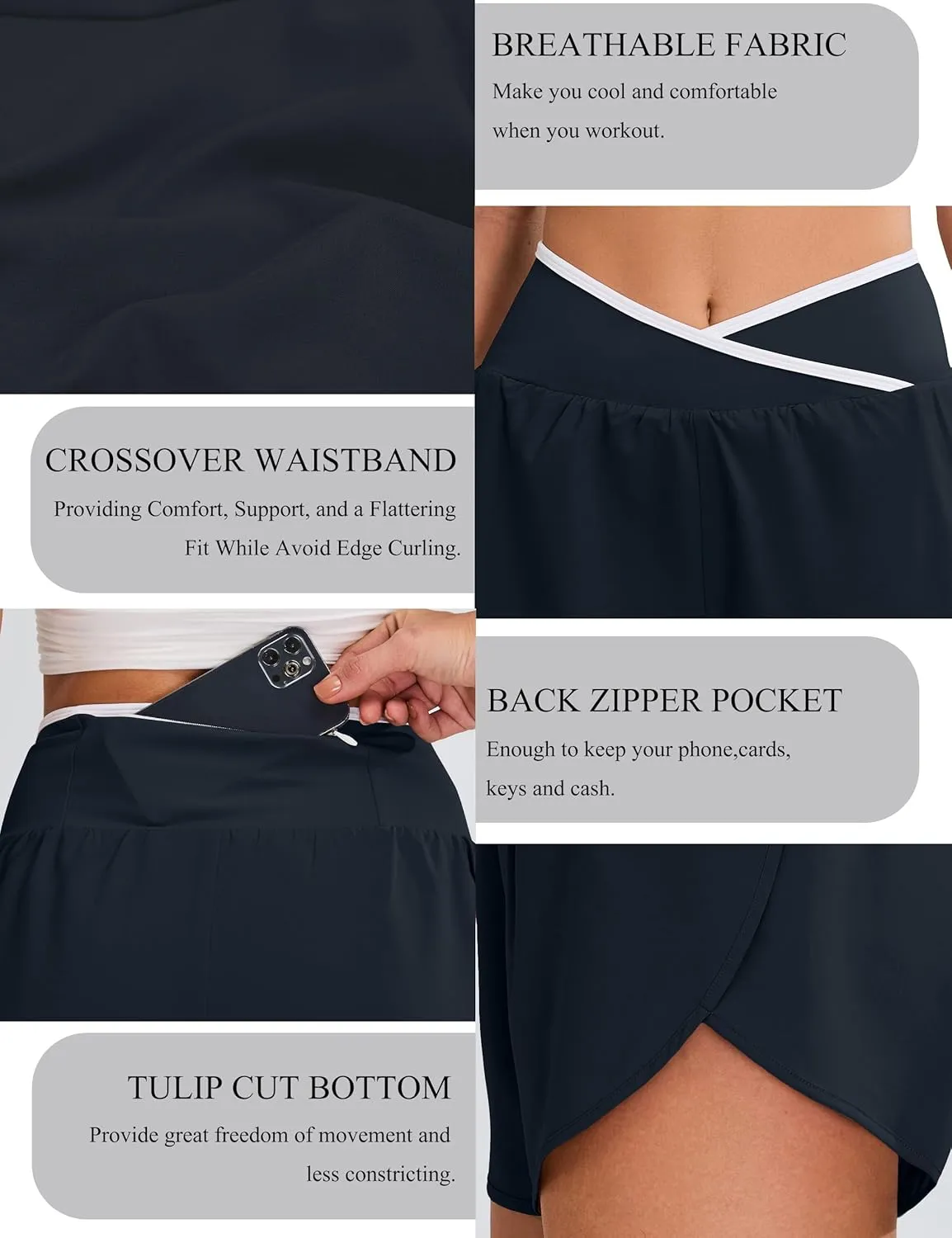 BMJL Women's Athletic Shorts Workout Running Shorts Crossover High Waisted Quick Dry Gym Shorts with Zipper Pocket