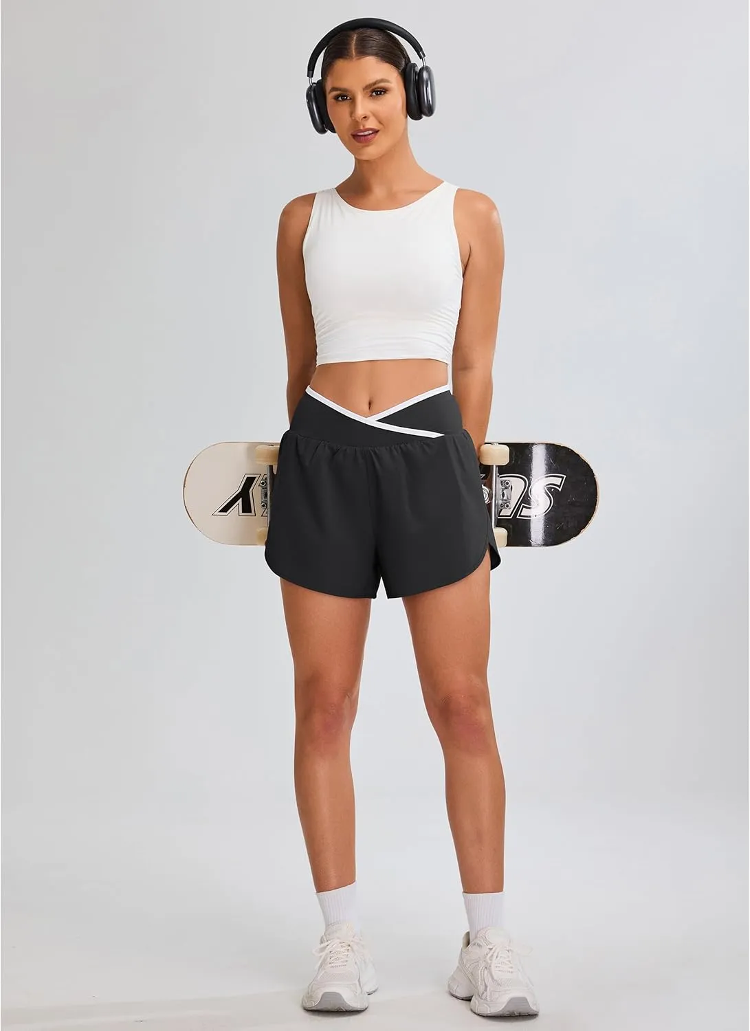 BMJL Women's Athletic Shorts Workout Running Shorts Crossover High Waisted Quick Dry Gym Shorts with Zipper Pocket