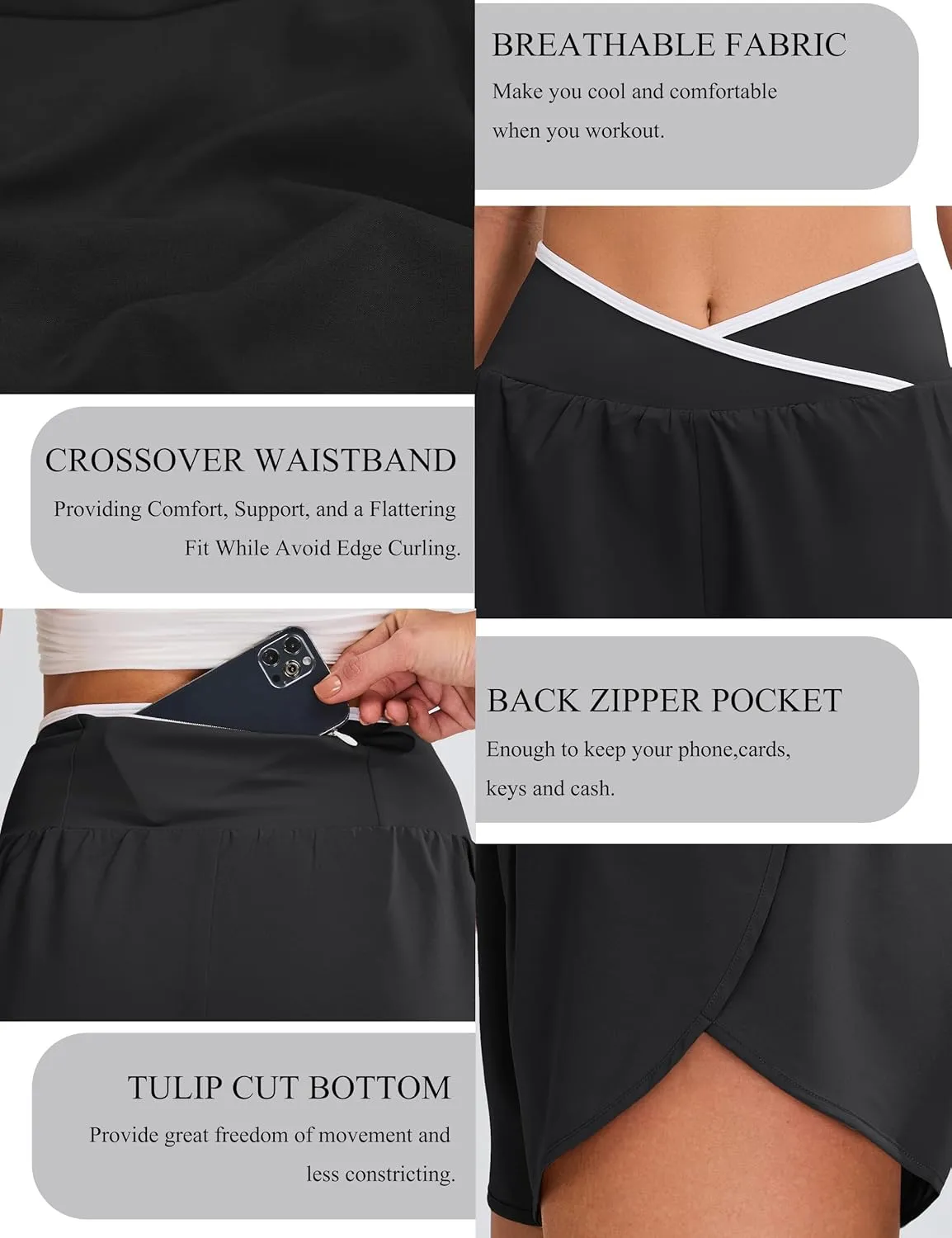 BMJL Women's Athletic Shorts Workout Running Shorts Crossover High Waisted Quick Dry Gym Shorts with Zipper Pocket