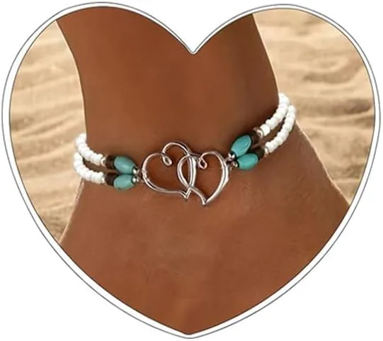 Boho Beaded Ankle Bracelet for Women Double Layered Beaded Anklet Stretch Double Heart Anklet Colorful Beach Anklets for Women Summer Beach Foot Jewelry