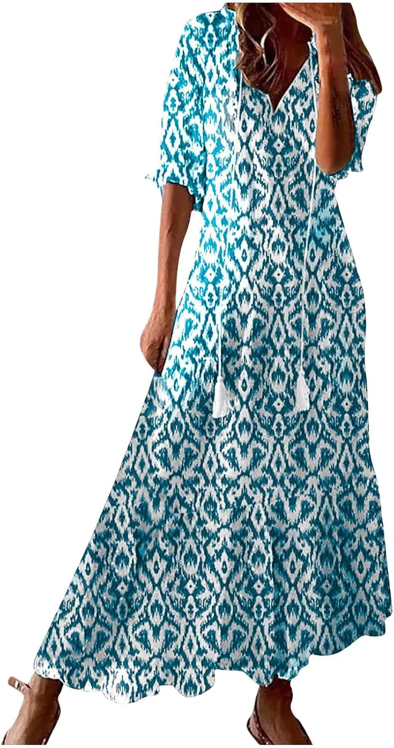 Boho Dress for Women Tassel V Neck Short Sleeve Maxi Dresses Ruffle Floral Printed Flowy A-Line Beach Dresses