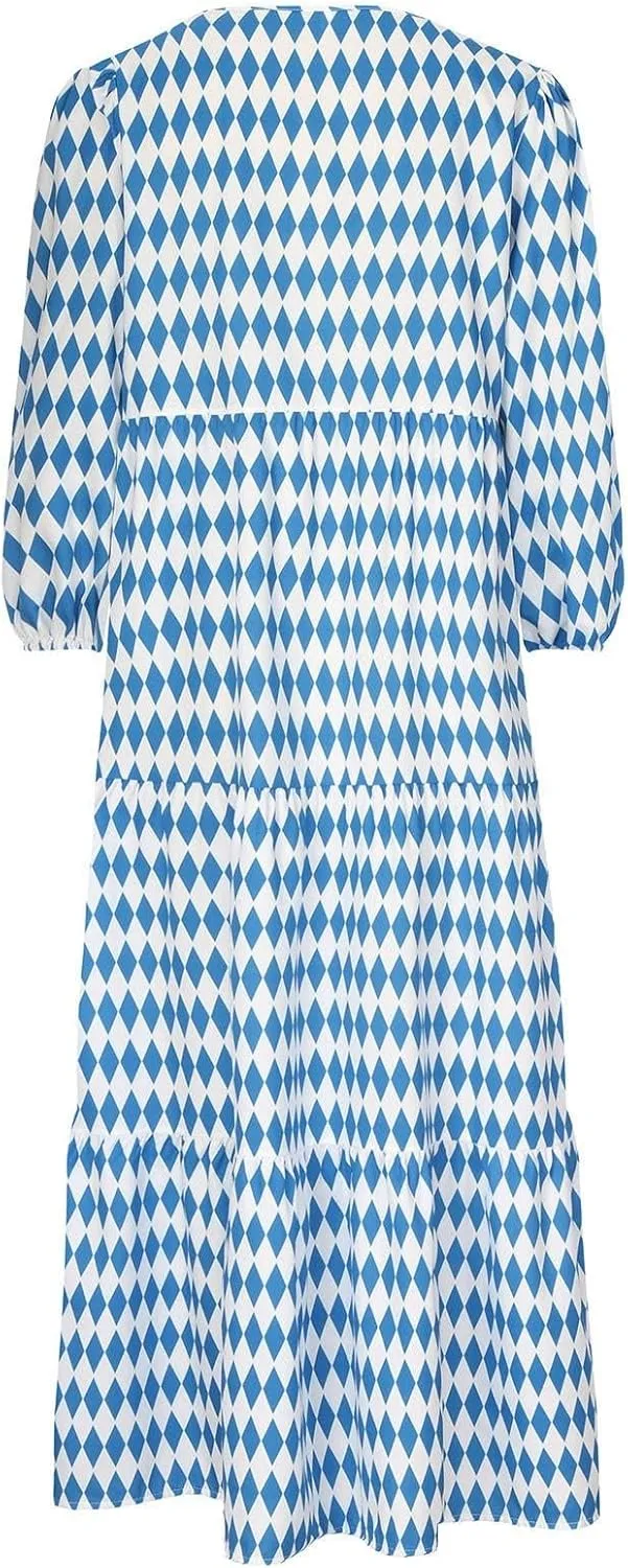 Boho Dresses for Women Summer Puff Half Sleeve V Neck Beach Vacation Dresses Casual Flowy Tiered Sundress Maxi Dress