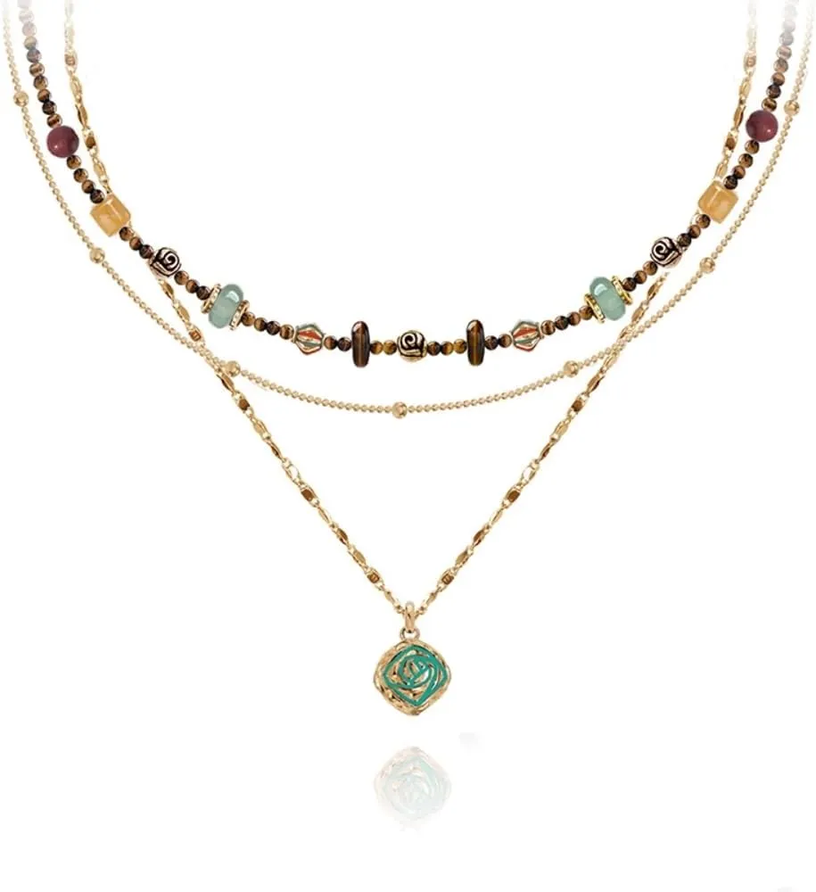 boho layered Original design Retro style multi-layer beaded necklace Fashion women's gold-plated necklace M3396001