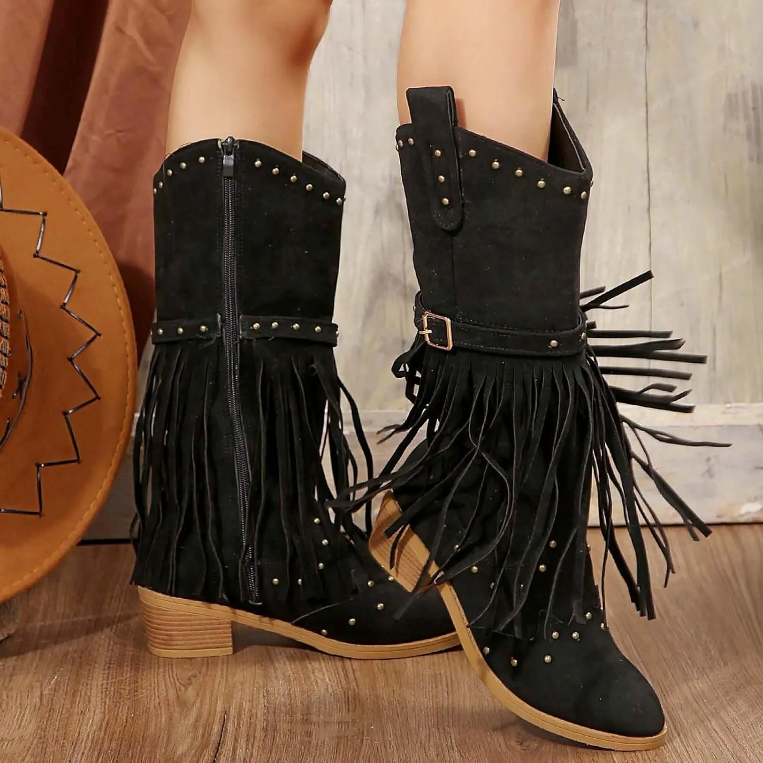 Boots for Women, Mid Calf Fringe Cowboy Stacked Heel Boots Retro Boots Square Toe Tassel Cowgirl Western Boots