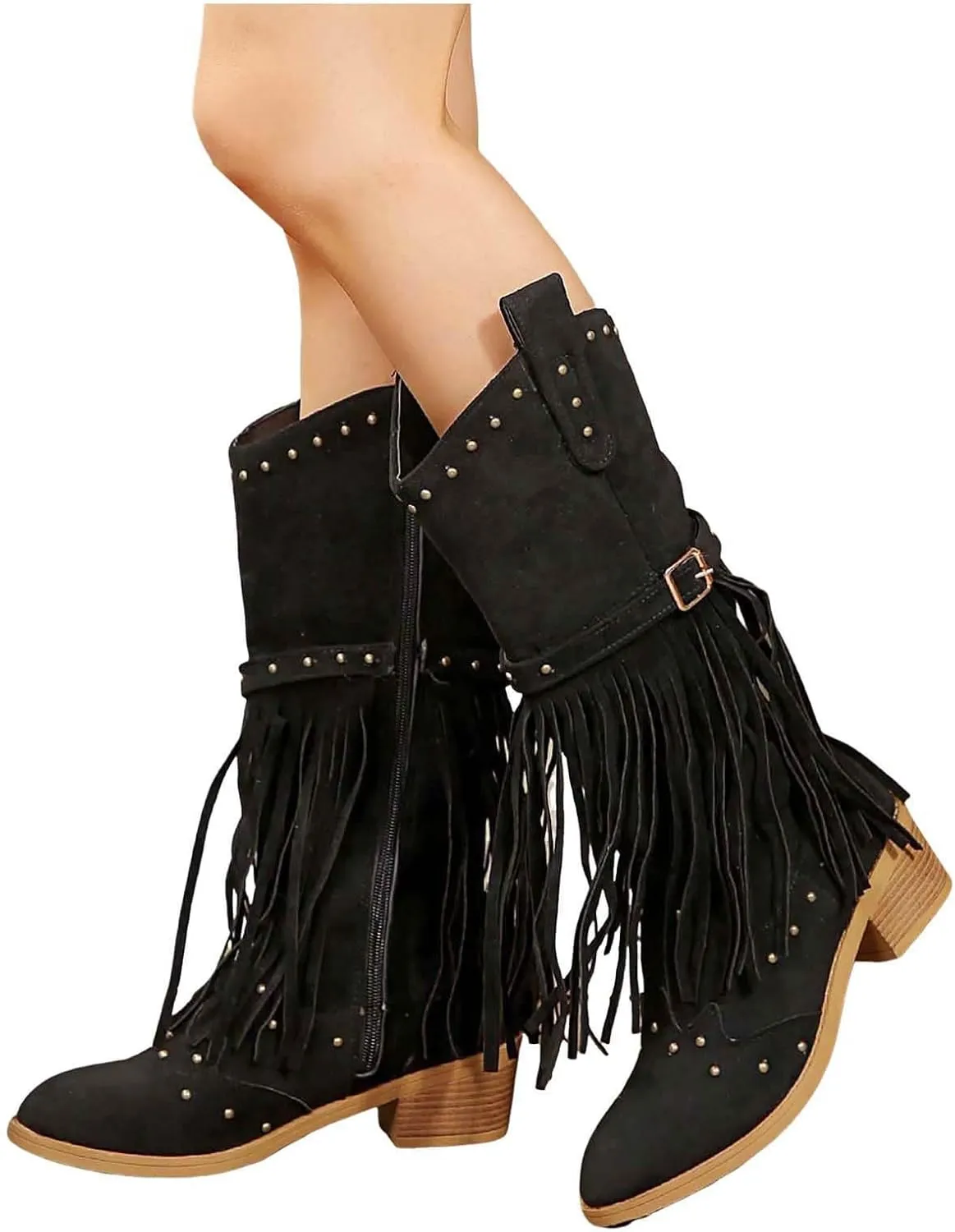 Boots for Women, Mid Calf Fringe Cowboy Stacked Heel Boots Retro Boots Square Toe Tassel Cowgirl Western Boots