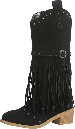 Boots for Women, Mid Calf Fringe Cowboy Stacked Heel Boots Retro Boots Square Toe Tassel Cowgirl Western Boots
