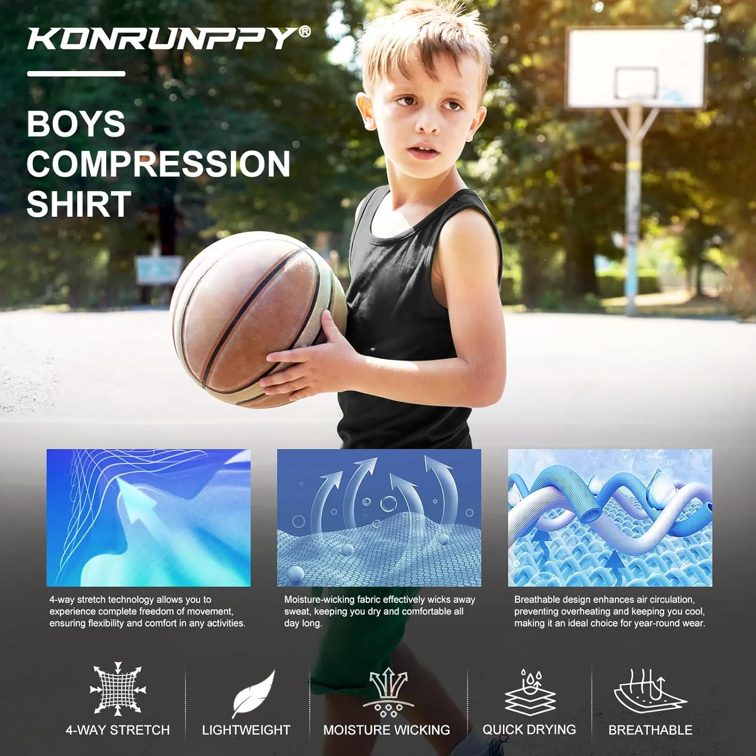 Boys Tank Top Athletic Compression Sleeveless Shirt Quick Dry Basketball Football Undershirt Base Layer