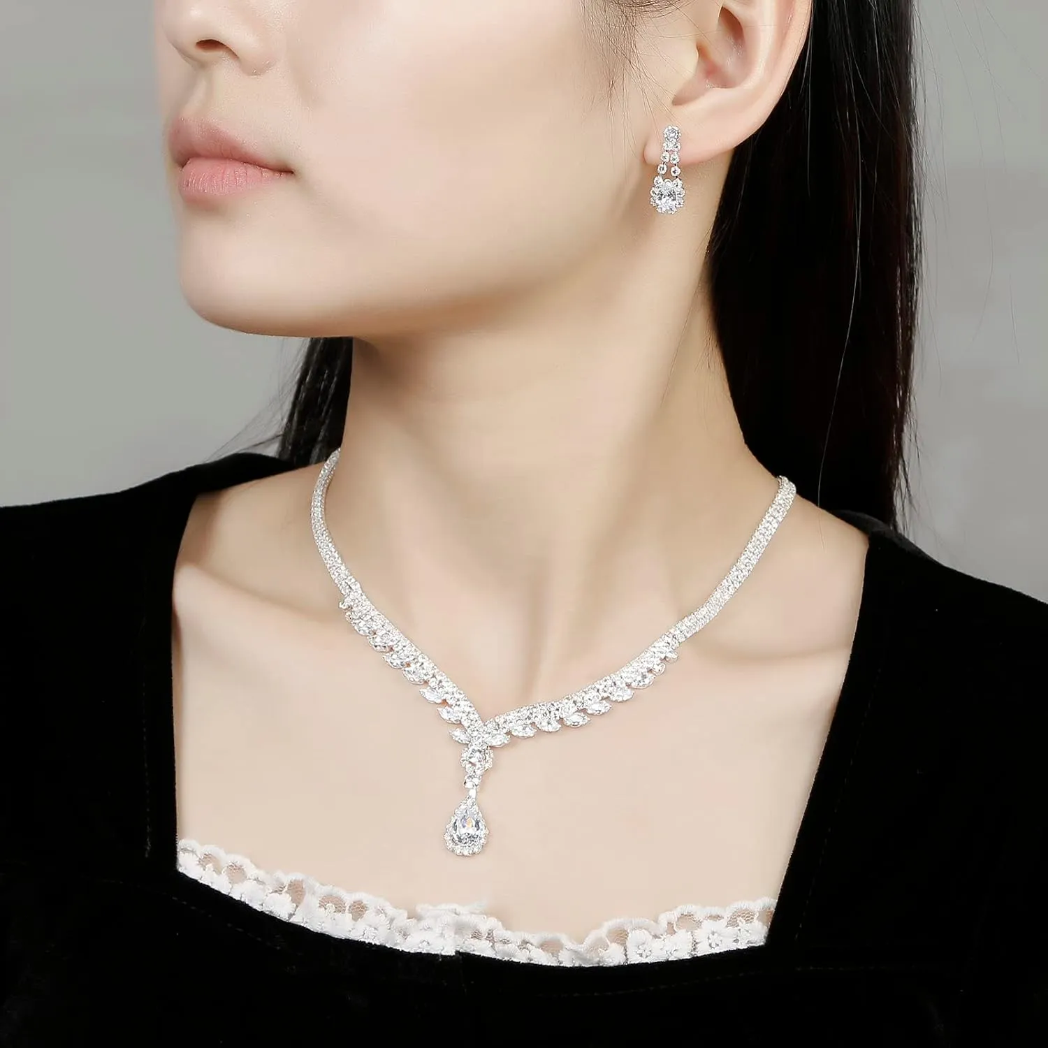 Bridal Jewelry Set, Silver Rhinestone Necklace Earrings Set Wedding Jewelry Set for Brides and Bridesmaid