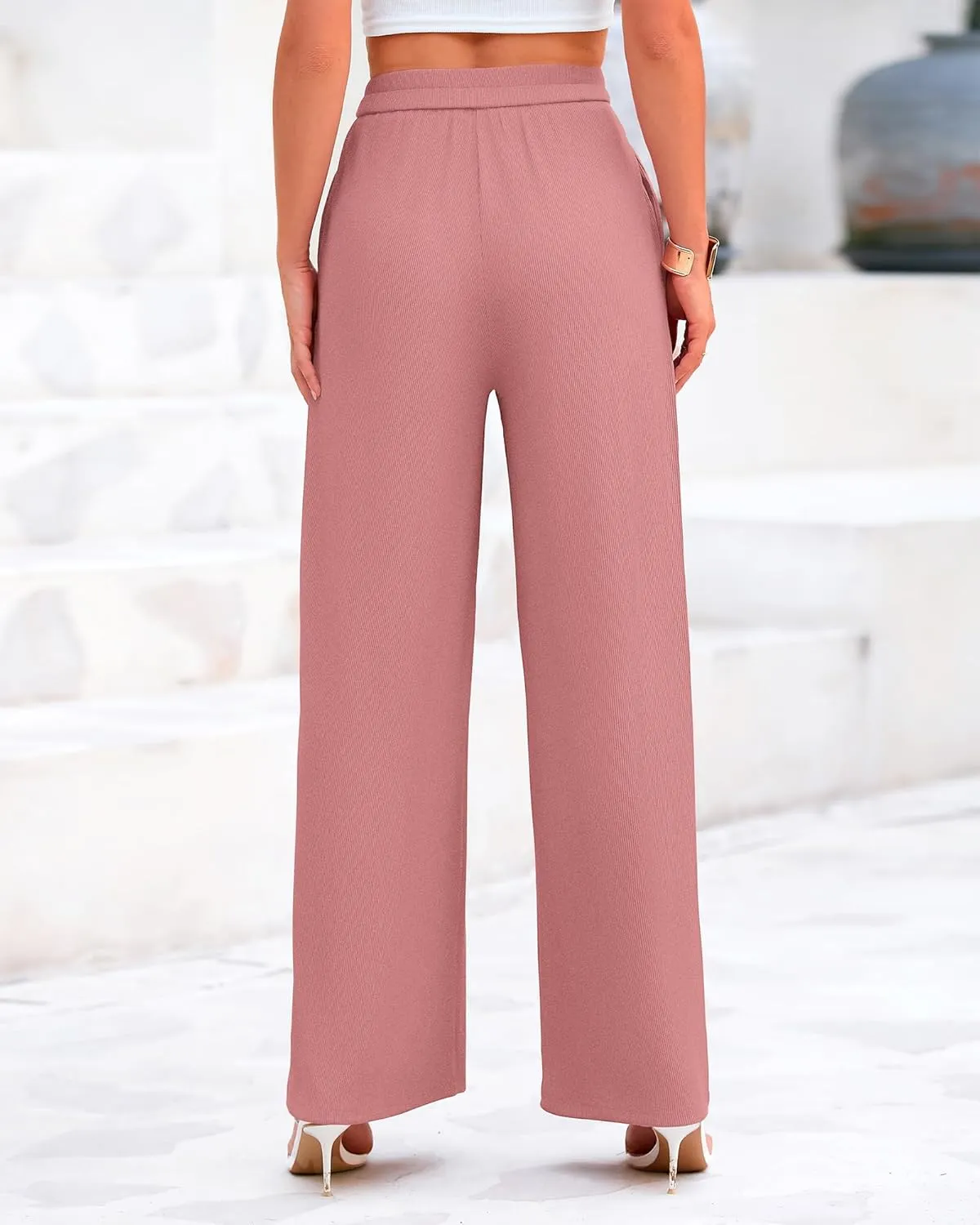 BTFBM Womens Casual Wide Leg Pants Summer Fall Clothes Pleated Elastic Waist Loose Palazzo Knit Trousers with Pockets