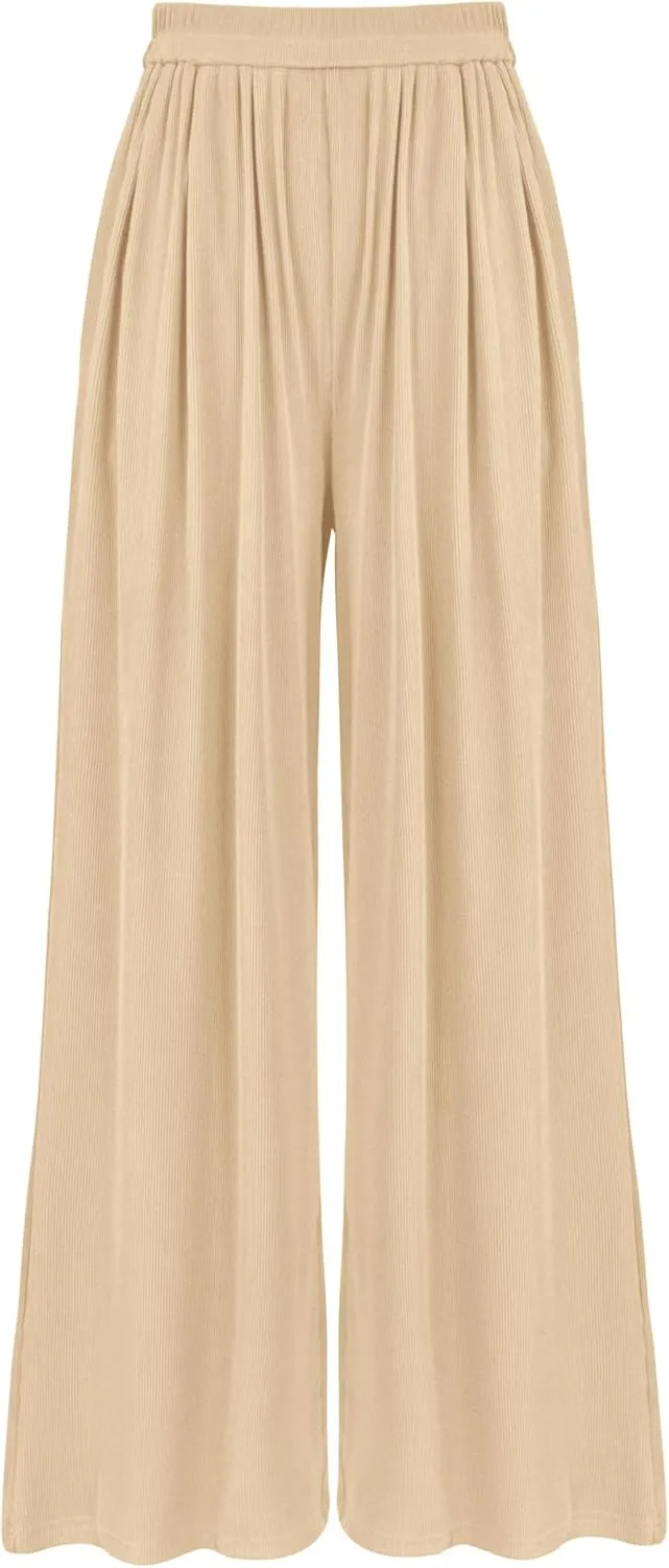 BTFBM Womens Casual Wide Leg Pants Summer Fall Clothes Pleated Elastic Waist Loose Palazzo Knit Trousers with Pockets