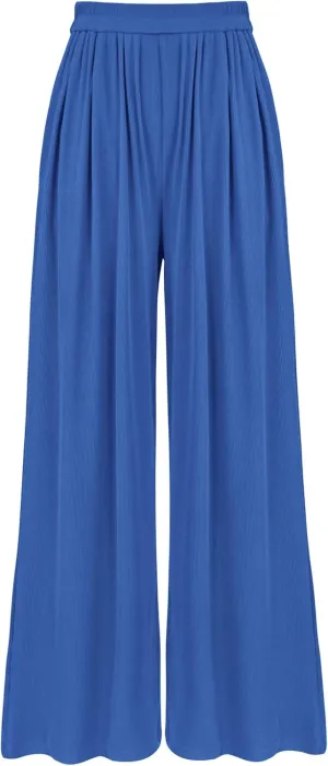 BTFBM Womens Casual Wide Leg Pants Summer Fall Clothes Pleated Elastic Waist Loose Palazzo Knit Trousers with Pockets