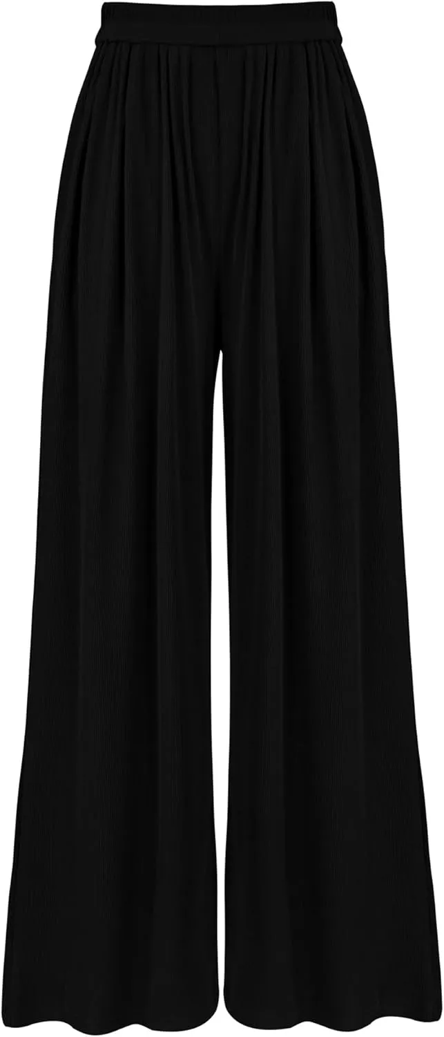 BTFBM Womens Casual Wide Leg Pants Summer Fall Clothes Pleated Elastic Waist Loose Palazzo Knit Trousers with Pockets