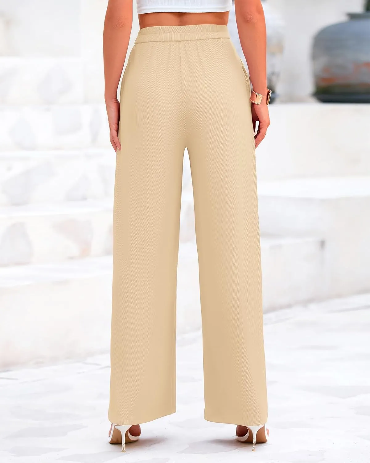 BTFBM Womens Casual Wide Leg Pants Summer Fall Clothes Pleated Elastic Waist Loose Palazzo Knit Trousers with Pockets