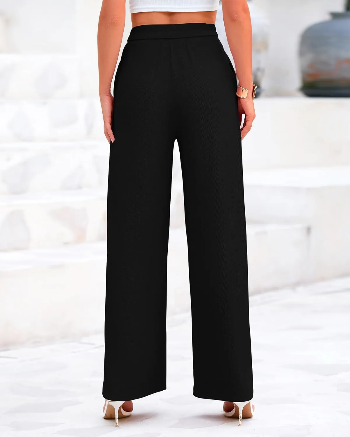 BTFBM Womens Casual Wide Leg Pants Summer Fall Clothes Pleated Elastic Waist Loose Palazzo Knit Trousers with Pockets