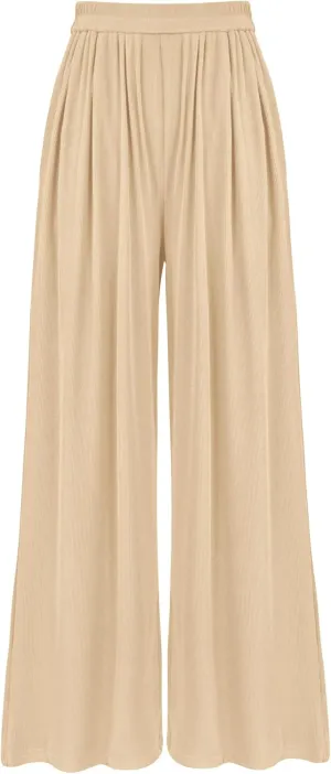 BTFBM Womens Casual Wide Leg Pants Summer Fall Clothes Pleated Elastic Waist Loose Palazzo Knit Trousers with Pockets