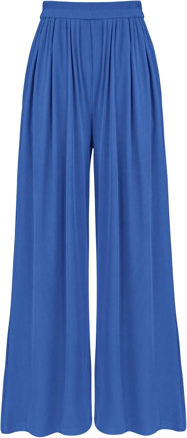 BTFBM Womens Casual Wide Leg Pants Summer Fall Clothes Pleated Elastic Waist Loose Palazzo Knit Trousers with Pockets