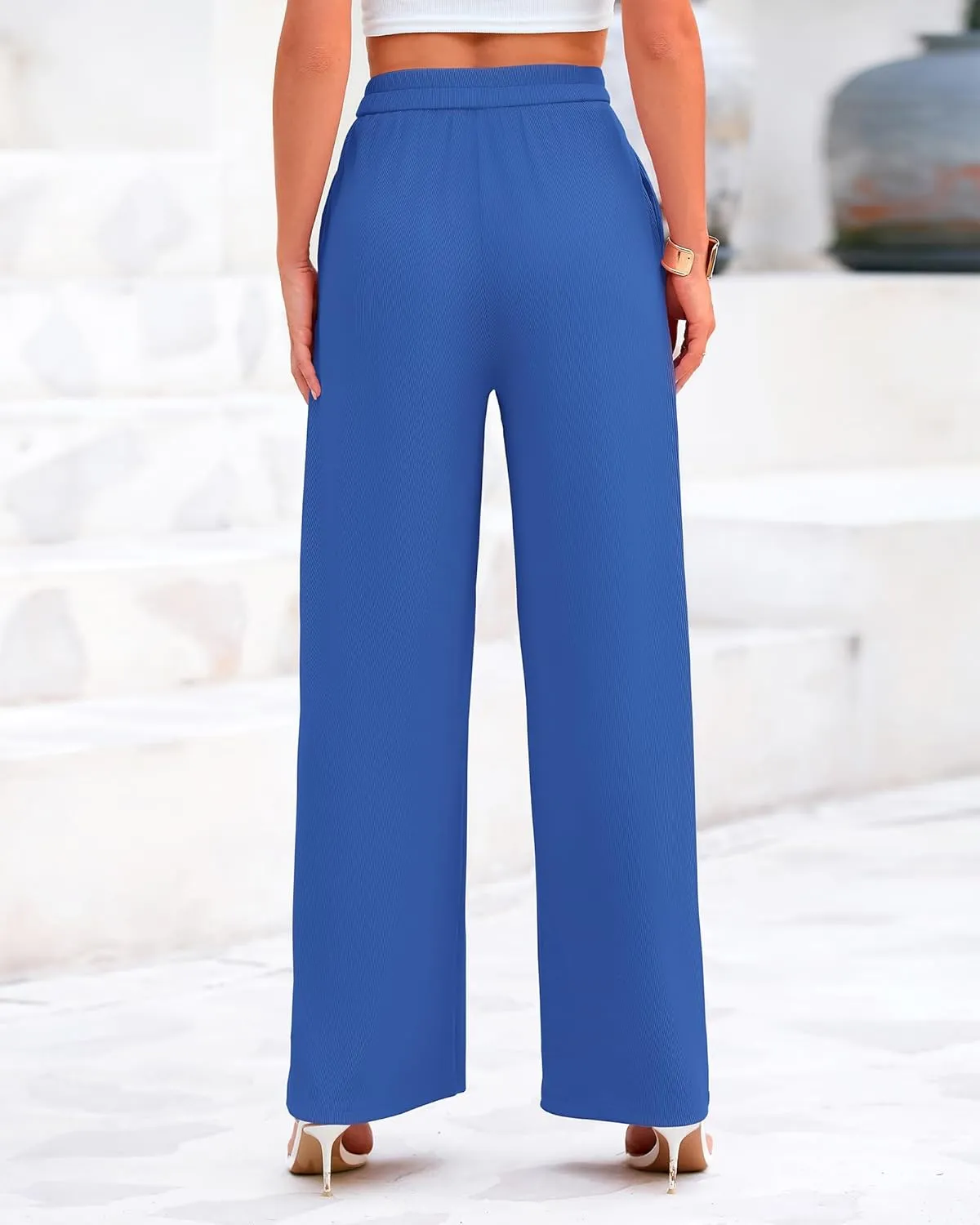 BTFBM Womens Casual Wide Leg Pants Summer Fall Clothes Pleated Elastic Waist Loose Palazzo Knit Trousers with Pockets