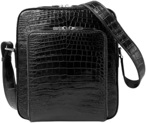Business Style Genuine Crocodile Belly Skin Male Cross Bag Men's Small Shoulder Bag Authentic Alligator Leather Messenger Bag, Black
