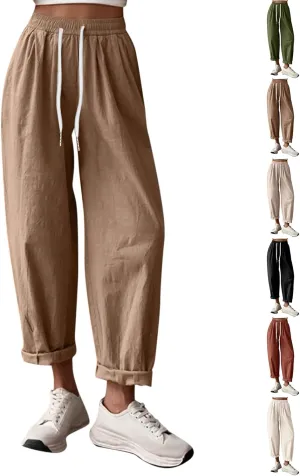 Capri Linen Pants for Women Cropped Elastic Waist Pants Cotton Ankle Lounge Pants Summer Casual Pants with Pockets