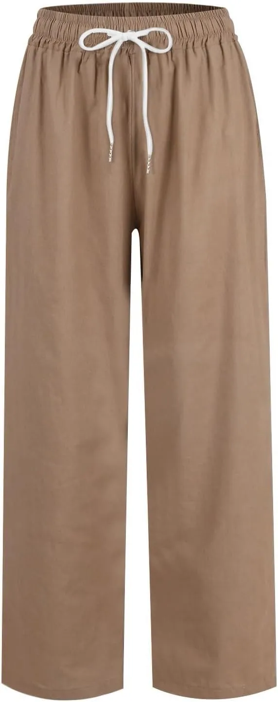 Capri Linen Pants for Women Cropped Elastic Waist Pants Cotton Ankle Lounge Pants Summer Casual Pants with Pockets