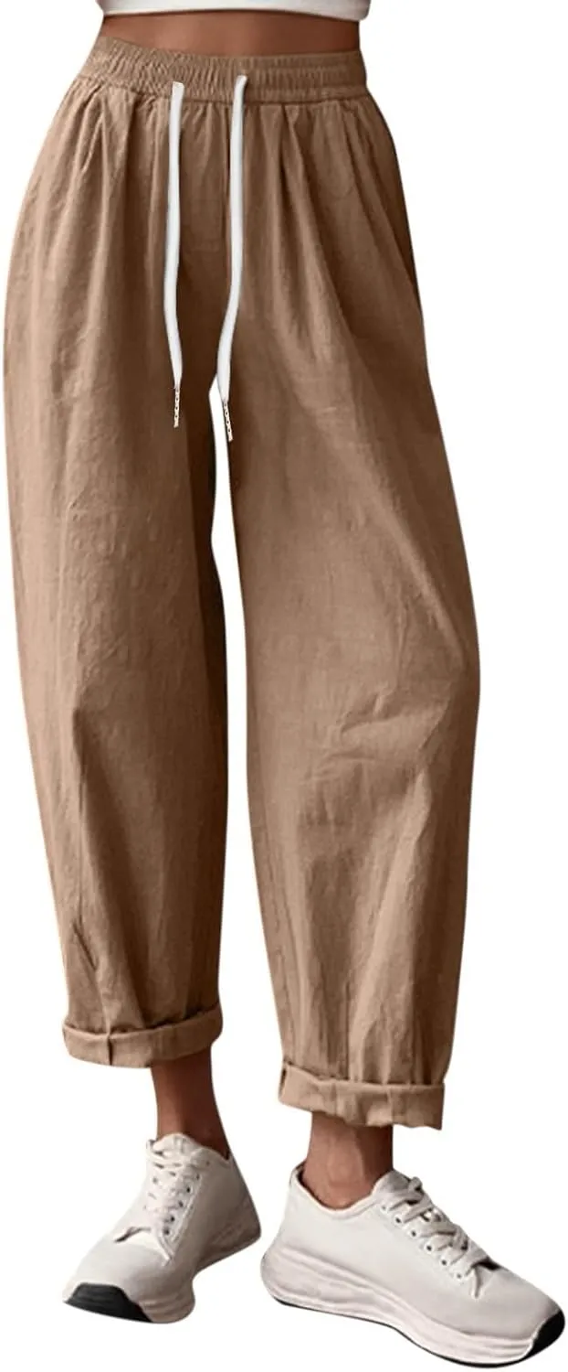 Capri Linen Pants for Women Cropped Elastic Waist Pants Cotton Ankle Lounge Pants Summer Casual Pants with Pockets