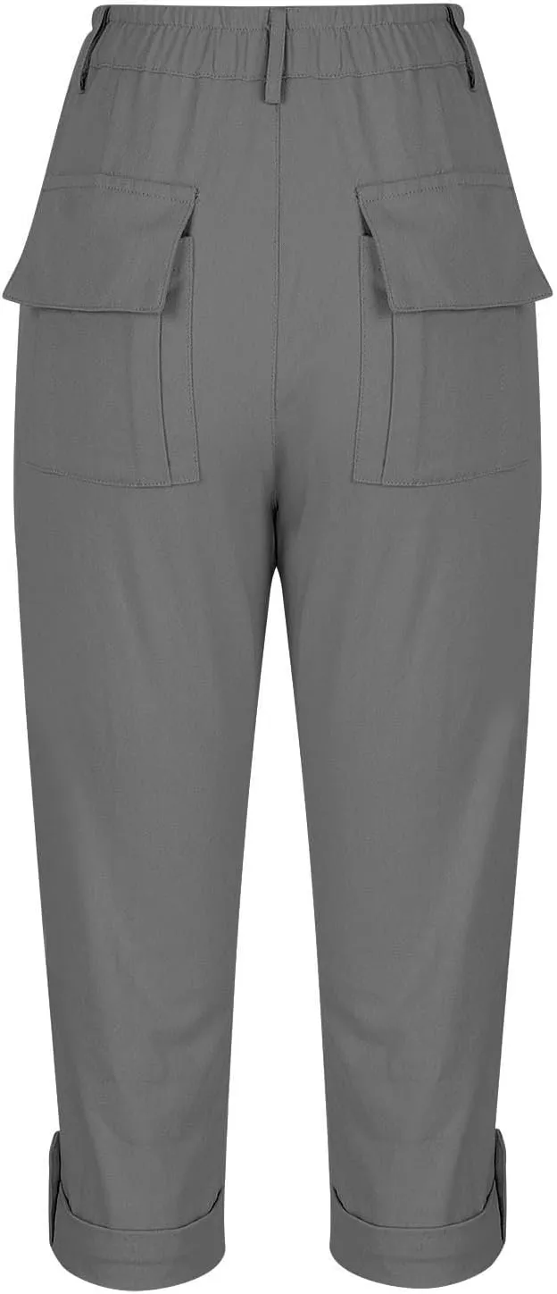 Capri Pants for Women Casual Summer Spring Stretch Straight Leg Cargo Capris with Pockets Rolled Hem Cropped Trouser