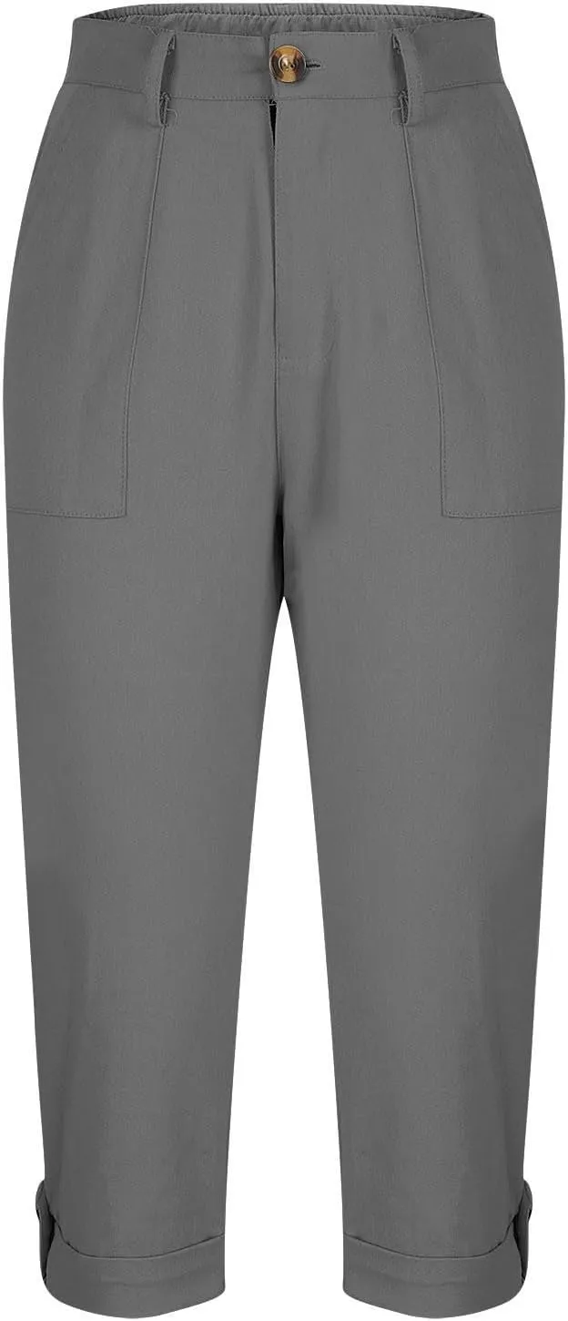 Capri Pants for Women Casual Summer Spring Stretch Straight Leg Cargo Capris with Pockets Rolled Hem Cropped Trouser