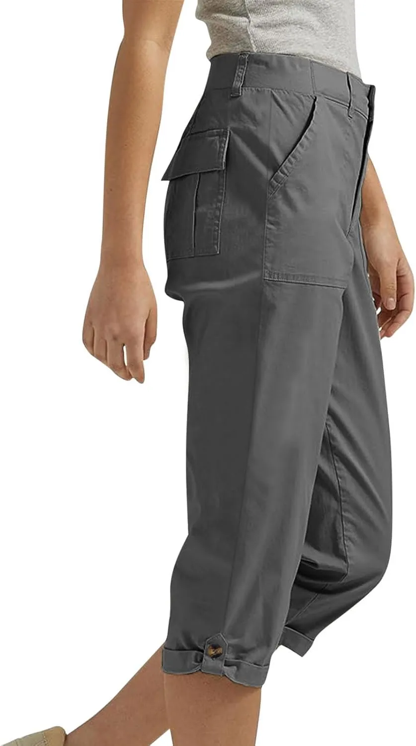 Capri Pants for Women Casual Summer Spring Stretch Straight Leg Cargo Capris with Pockets Rolled Hem Cropped Trouser
