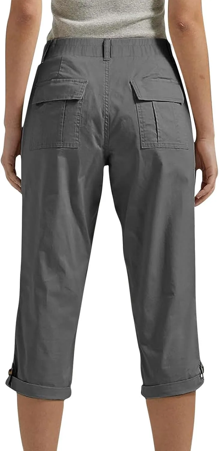 Capri Pants for Women Casual Summer Spring Stretch Straight Leg Cargo Capris with Pockets Rolled Hem Cropped Trouser