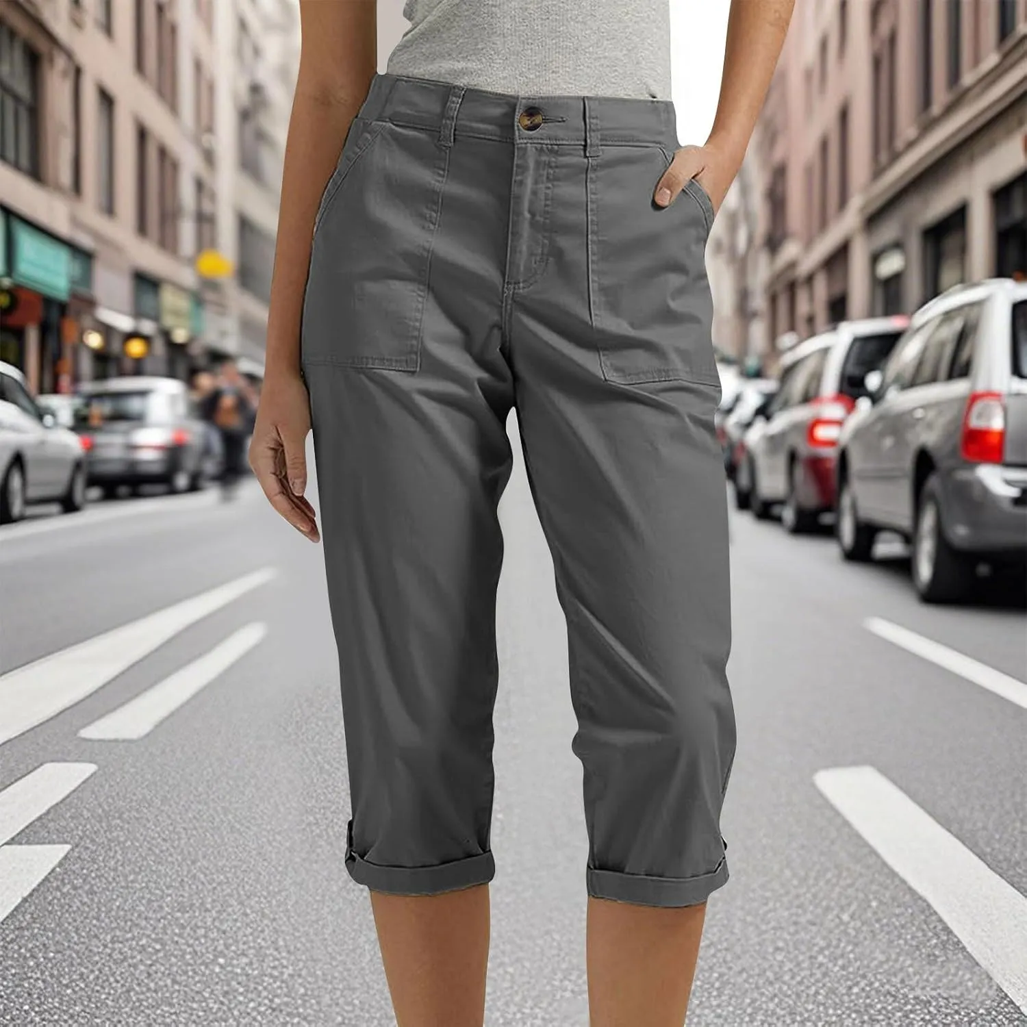 Capri Pants for Women Casual Summer Spring Stretch Straight Leg Cargo Capris with Pockets Rolled Hem Cropped Trouser