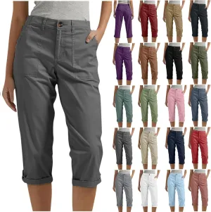 Capri Pants for Women Casual Summer Spring Stretch Straight Leg Cargo Capris with Pockets Rolled Hem Cropped Trouser