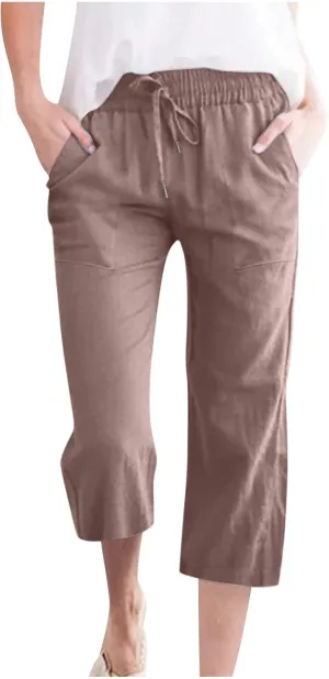 Capri Pants for Women Cotton Linen Summer Pants Elastic Waist Drawstring Wide Leg Capris Beach Travel Vacation Outfits