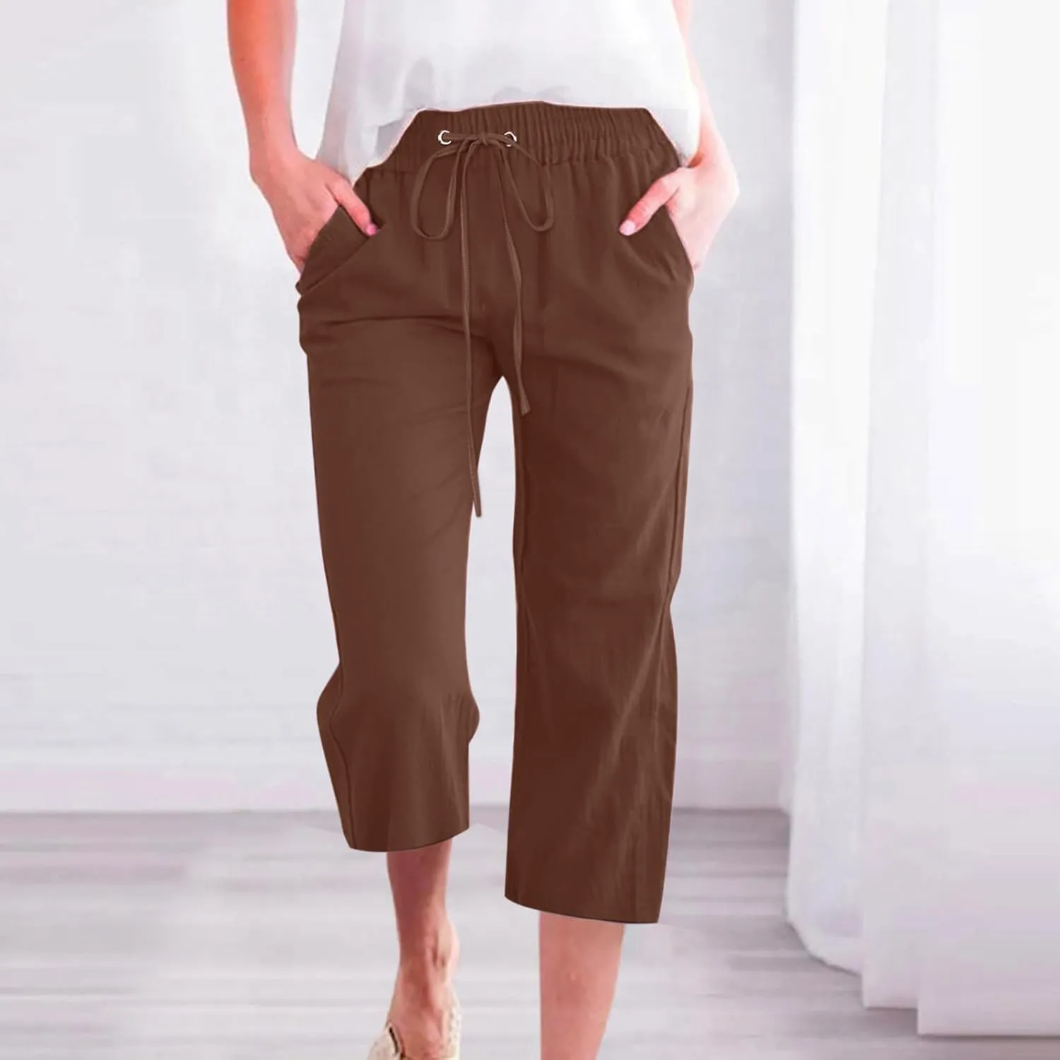 Capri Pants for Women Summer Linen Pants Plus Size Beach Pants Drawstring Elastic Waist Capris Loose Lounge Pants