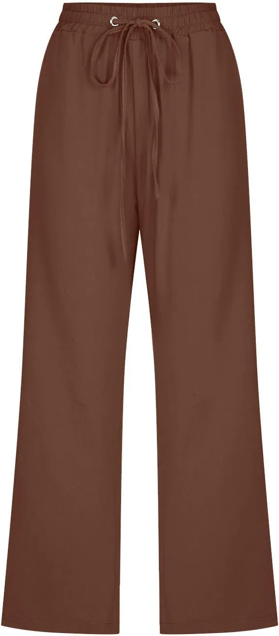 Capri Pants for Women Summer Linen Pants Plus Size Beach Pants Drawstring Elastic Waist Capris Loose Lounge Pants