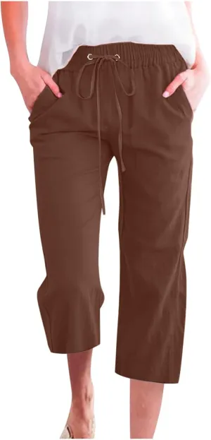 Capri Pants for Women Summer Linen Pants Plus Size Beach Pants Drawstring Elastic Waist Capris Loose Lounge Pants
