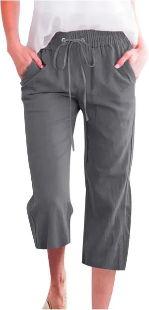 Capri Pants for Women Summer Linen Pants Plus Size Beach Pants Drawstring Elastic Waist Capris Loose Lounge Pants