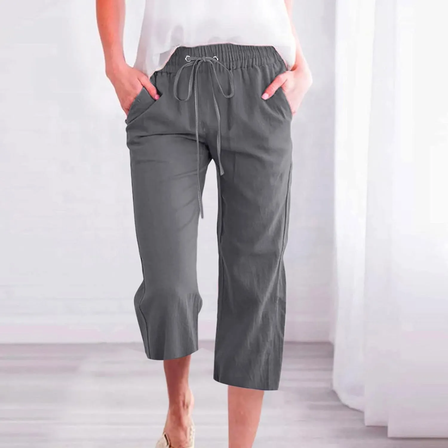 Capri Pants for Women Summer Linen Pants Plus Size Beach Pants Drawstring Elastic Waist Capris Loose Lounge Pants