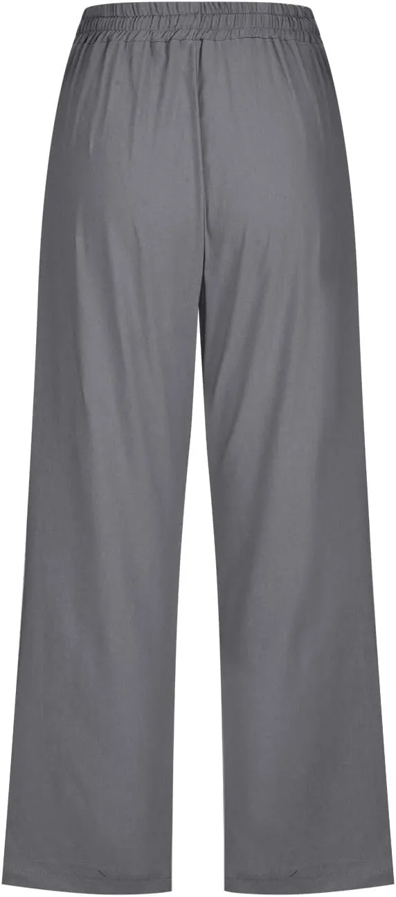 Capri Pants for Women Summer Linen Pants Plus Size Beach Pants Drawstring Elastic Waist Capris Loose Lounge Pants