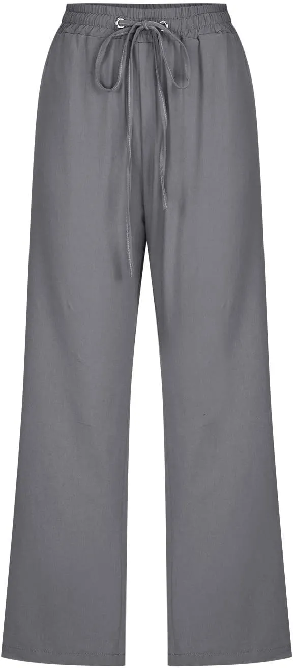 Capri Pants for Women Summer Linen Pants Plus Size Beach Pants Drawstring Elastic Waist Capris Loose Lounge Pants