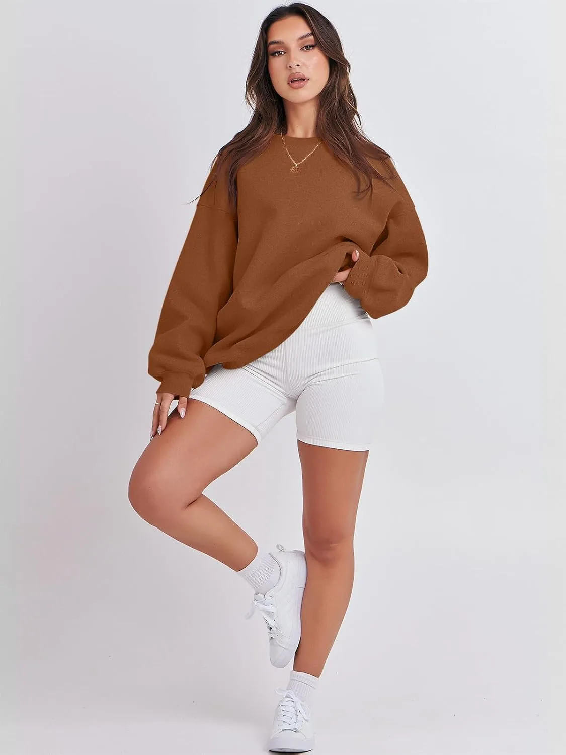 Caracilia Women's Crewneck Sweatshirts Oversized Fleece Hoodies Tops Casual Loose Pullover Sweaters 2024 Fall Clothes