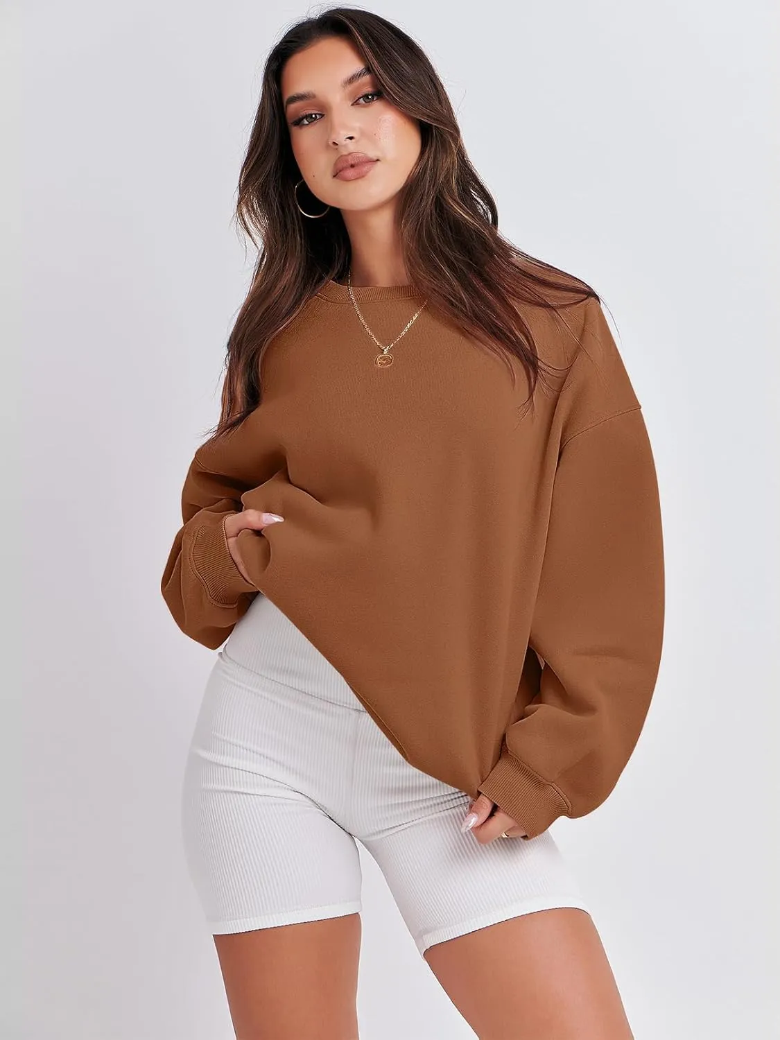 Caracilia Women's Crewneck Sweatshirts Oversized Fleece Hoodies Tops Casual Loose Pullover Sweaters 2024 Fall Clothes