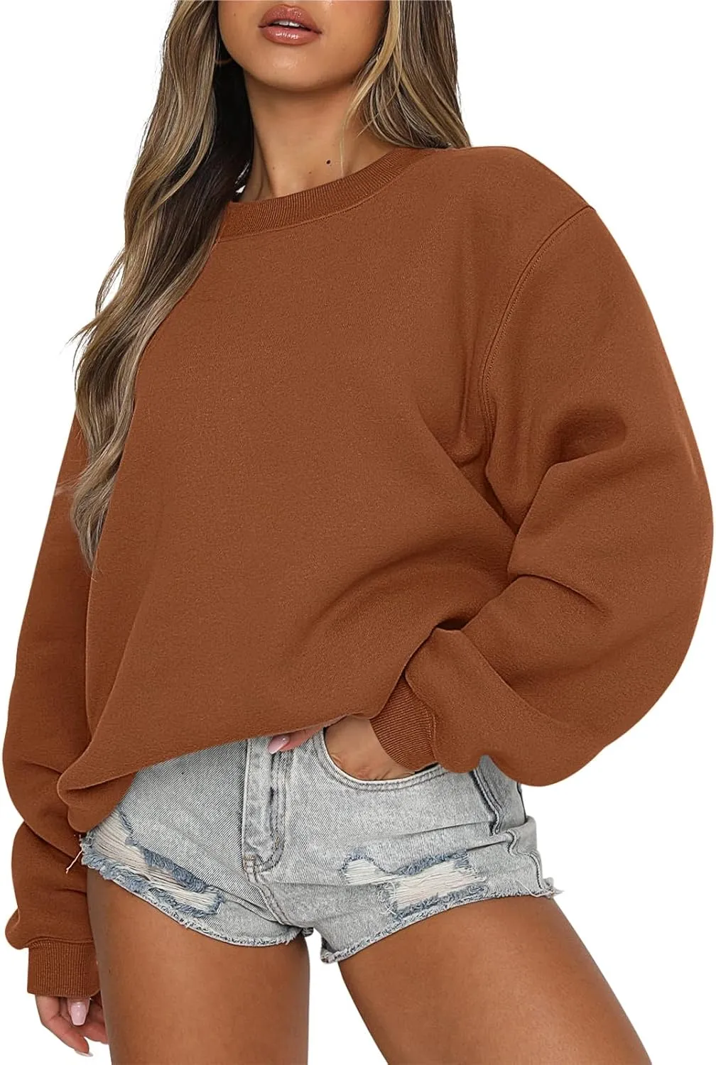 Caracilia Women's Crewneck Sweatshirts Oversized Fleece Hoodies Tops Casual Loose Pullover Sweaters 2024 Fall Clothes
